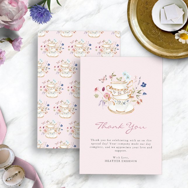 Carte De Remerciements Thé à la rose pâle (Blush Pink Tea Party Thank You Card with Butterfly by Painted Paperie
)