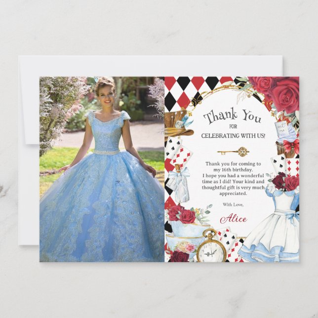 Carte De Remerciements Thé d'anniversaire aux roses d'Alice au pays des m (Devant)