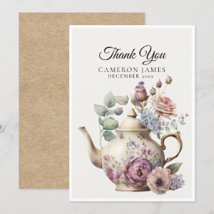 Carte De Remerciements Théière à l'aquarelle élégante Fête du thé floral