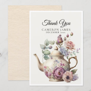 Carte De Remerciements Théière à l'aquarelle élégante Fête du thé floral