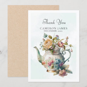 Carte De Remerciements Théière à l'aquarelle élégante Fête du thé floral