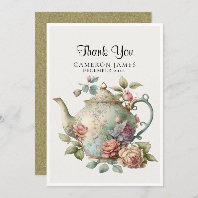 Carte De Remerciements Théière à l'aquarelle élégante Fête du thé floral (Devant / Derrière)