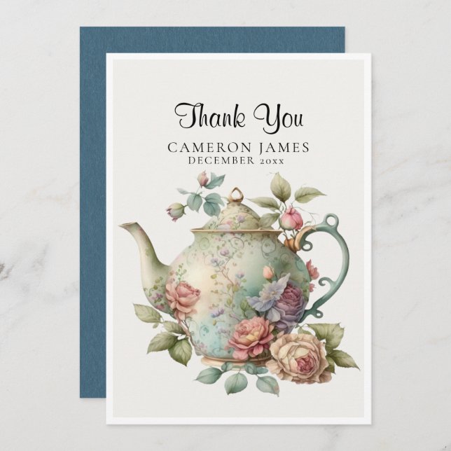 Carte De Remerciements Théière à l'aquarelle élégante Fête du thé floral (Devant / Derrière)