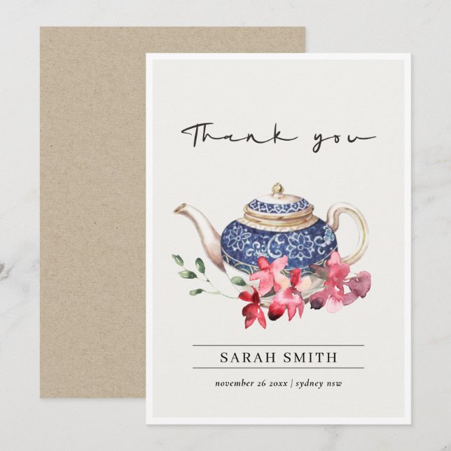 Carte De Remerciements Théière aquarelle rouge bleu Fête de thé floral (Devant / Derrière)