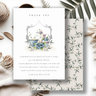 Carte De Remerciements Théière florale bleue aqua mignonne Crest Shower d