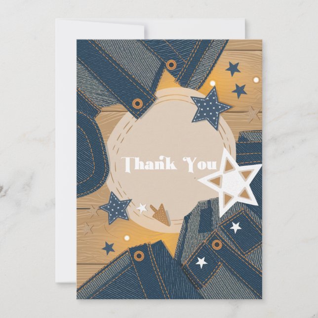 Carte De Remerciements Thème Bébé en Jean Bleu Cérémonie Patchwork en Den (Devant)