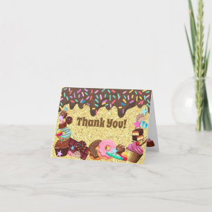 Carte De Remerciements Thème bonbons, chocolat, paillettes roses bleues