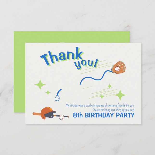 Carte De Remerciements Thème d'anniversaire baseball ludique pour enfants (Devant / Derrière)