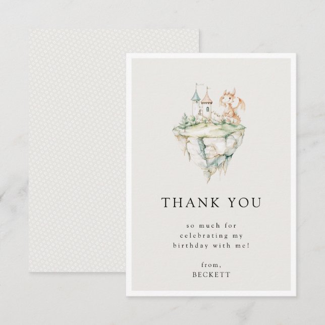 Carte De Remerciements Thème d'anniversaire de dragon mignon (Devant / Derrière)