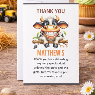 Carte De Remerciements Thème de ferme de vache folle mignonne pour 1er an