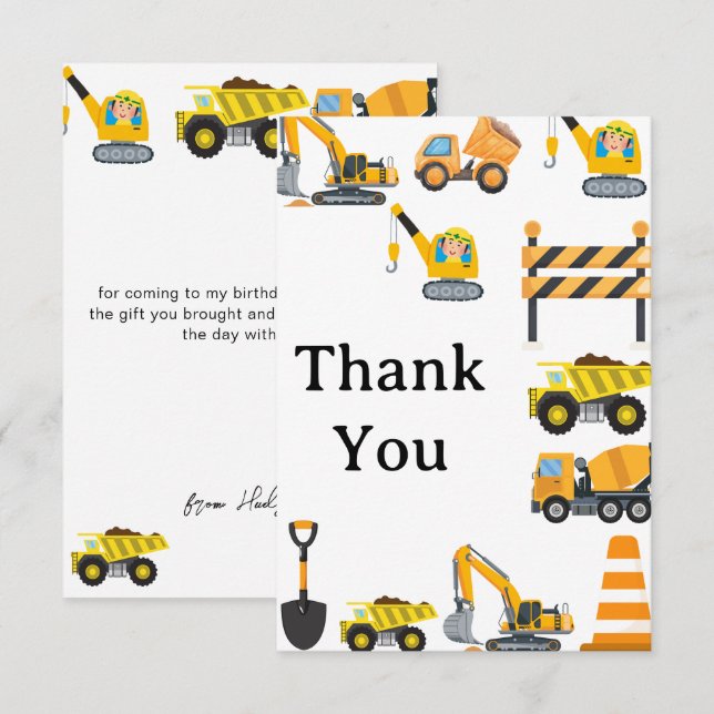 Carte De Remerciements Thème de fête d'anniversaire Construction pour gar (Devant / Derrière)