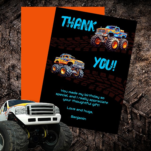 Carte De Remerciements Thème de fête de camion monstre pour garçon (Boy's Monster Truck Theme Birthday Bash Thank You Card)