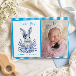Carte De Remerciements Thème de lapin floral bleu pour la gratitude du 1e