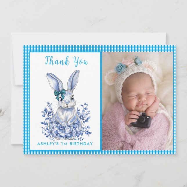 Carte De Remerciements Thème de lapin floral bleu pour le 1er anniversair (Devant)