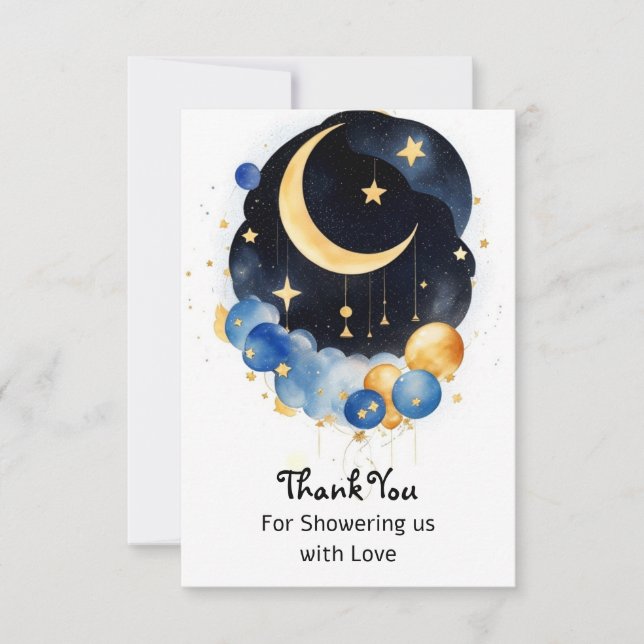 Carte De Remerciements Thème Twinking Sky Baby shower Moon & Stars (Devant)