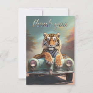 Carte De Remerciements Tigre assis sur une voiture de sport