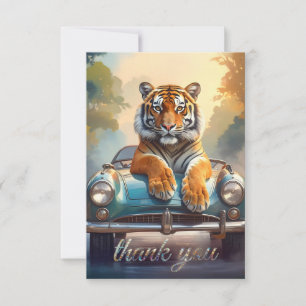 Carte De Remerciements Tigre assis sur une voiture de sport