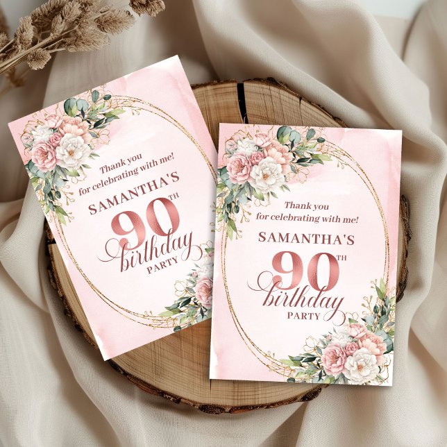 Carte De Remerciements Timeless Blush Pink Gold Greenery 90th Thank You  (Timeless Blush Pink Gold Greenery 90th Thank You Card)