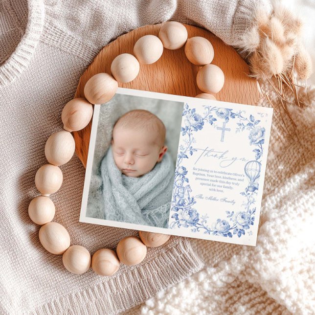 Carte De Remerciements Toile De Jouy Blue Boy Baptism Thank You Card (Créateur téléchargé)