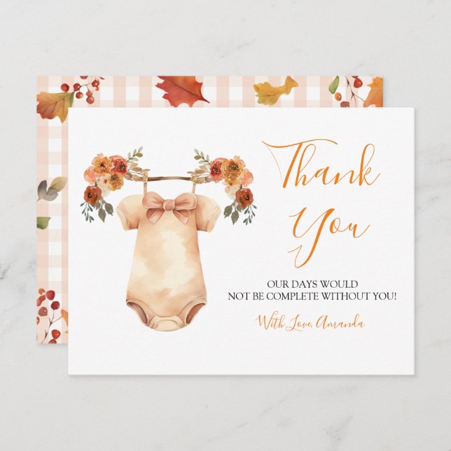 Carte De Remerciements Tomber Dans L'Amour Baby shower Floral Vêtements B (Devant / Derrière)