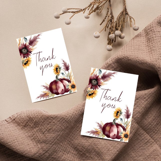 Carte De Remerciements Tombez amoureux de la douche de mariée bohème citr (Fall in love boho bridal shower thank you cards burgundy pumpkin sunflowers pampas grass thank you)