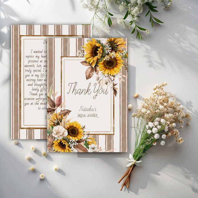 Carte De Remerciements Tombez amoureux tournesols rayure marron enterreme (Fall in love sunflowers brown stripes bridal shower thank you cards modern stripped terracotta)