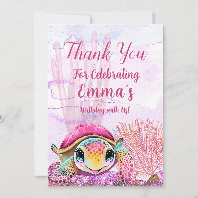 Carte De Remerciements Tortue 4e anniversaire, sous la mer (Devant)