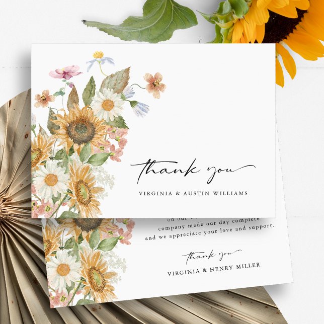 Carte de remerciements tournesol (Boho Watercolor Sunflower Wildflowers Floral Wedding  Thank You Card by Painted Paperie
)