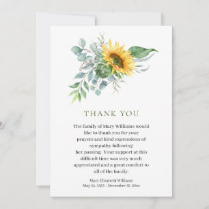 Carte De Remerciements Tournesol aquarelle Remerciement Funérailles de co