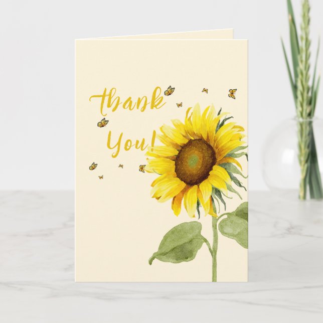Carte De Remerciements Tournesol d'aquarelle avec Baby shower de papillon (Devant)
