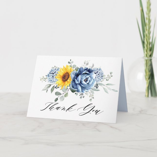 Carte De Remerciements Tournesol Dusty Blue Slate Peony Mariage floral (Devant)
