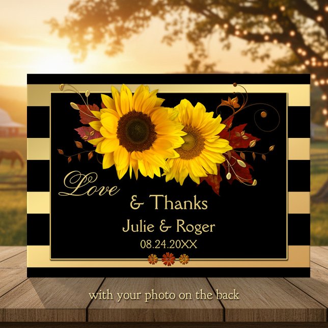 Carte De Remerciements Tournesol Gold Stripe Mariage photo (Thank You card featuring festive sunflowers, fall leaves and floral swirls on chic gold stripes)