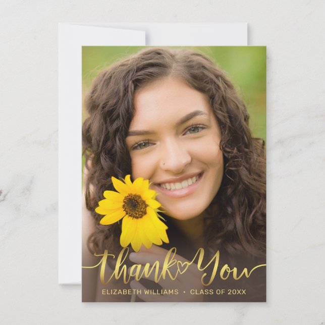 Carte De Remerciements Tournesol Rustique Photo Gold Script Graduation (Devant)