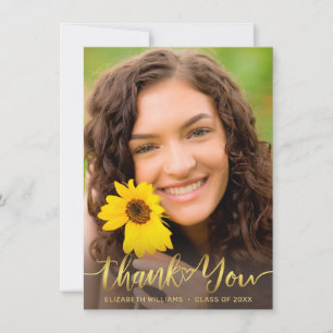 Carte De Remerciements Tournesol Rustique Photo Gold Script Graduation