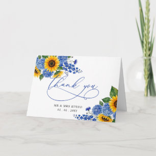 Carte De Remerciements Tournesols Floraux Bleu Royal Mariage Moderne 