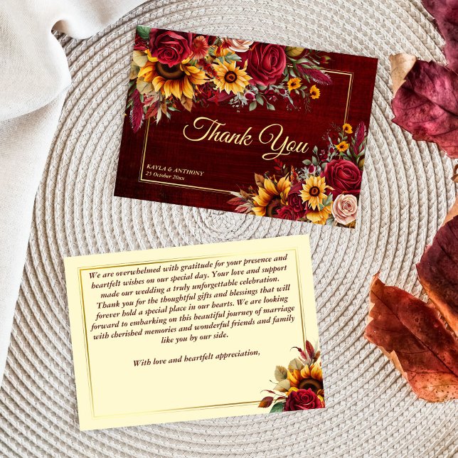 Carte De Remerciements tournesols jaunes mariage de automne bordeaux (Fall rustic cottage-core wedding burgundy roses yellow sunflowers thank you card)