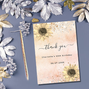 Carte De Remerciements Tournesols rose gold rustique paillettes argentées