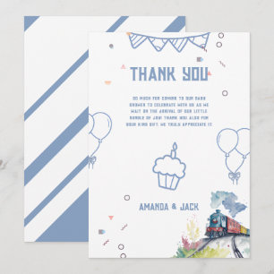 Carte De Remerciements Train Blue Balloons garçon Baby shower Whimsical