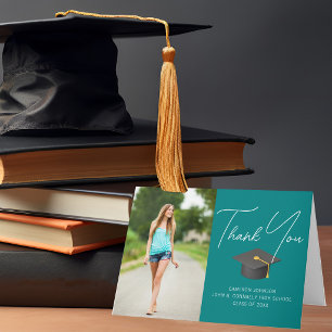 Carte De Remerciements Trendy Turquoise Graduate Photo Custom Graduation