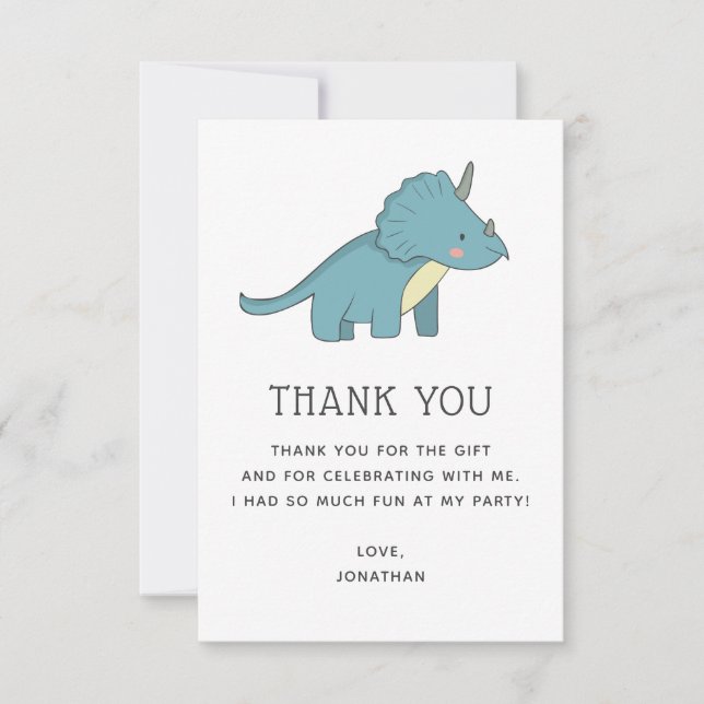 Carte De Remerciements Triceratops Dinosaur | Cute Blue Dino Birthday (Devant)
