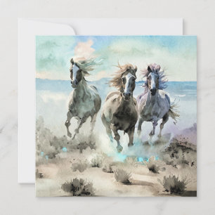 Carte De Remerciements Trois chevaux sauvages courent à travers une prair