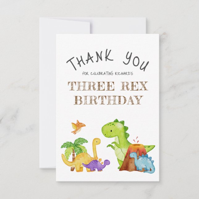 Carte De Remerciements Trois enfants Rex Fête d'anniversaire dinosaure 3  (Devant)