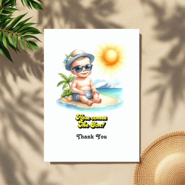 Carte De Remerciements Tropical Beach Boy Voici le Baby shower Son (Tropical Beach Boy Here Comes the Son Baby Shower Thank You Card)