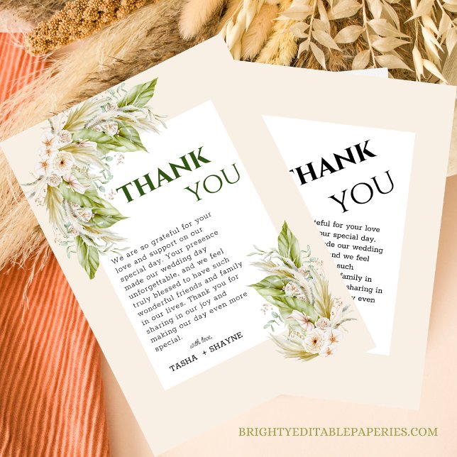 Carte De Remerciements Tropical Delicate Pampas Grass Boho Chic Mariage (Gratitude in bloom with our delicate pampas grass thank you cards)