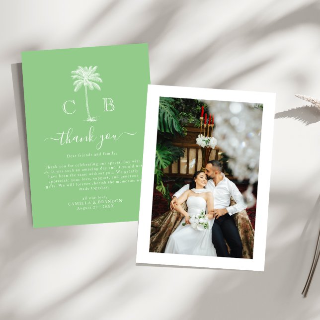 Carte De Remerciements Tropical Green Palm Initials Photo Wedding  (Créateur téléchargé)