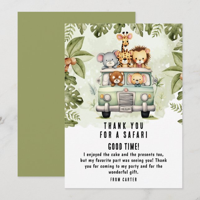 Carte De Remerciements Tropical Jungle Safari Animaux Baby showers Garçon (Devant / Derrière)