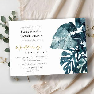 Carte De Remerciements Tropical Monstera Foliage Blue Wedding Invite