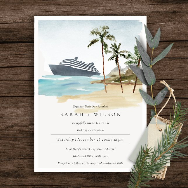 Carte De Remerciements Tropical Seascape Beach Cruise Palm Wedding Invite (Créateur téléchargé)