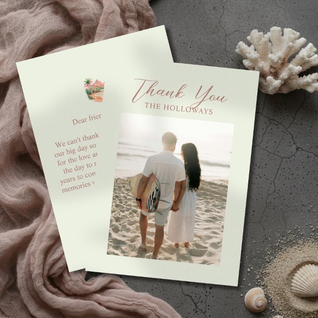 Carte De Remerciements Tropical Sunset Island Watercolor Wedding Photo (Tropical Sunset Island Watercolor Wedding Photo Thank You Card)