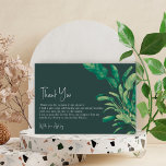 Carte De Remerciements Tropical vert script vert plante nuptiale douche<br><div class="desc">Ecriture de verdure tropicale oiseau vert de paradis plante douche nuptiale carte de remerciements avec aquarelle illustration de palmier exotique et une élégante typographie de police de brosse. Parfait pour la fête de la douche nuptiale du printemps.</div>